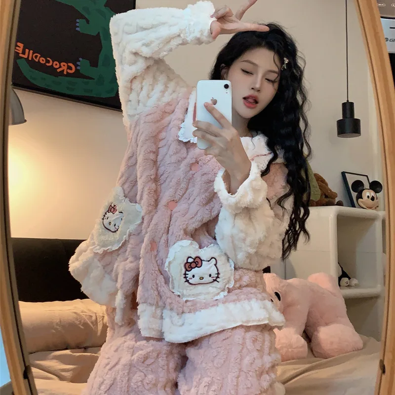 

Miniso Girl коралловый флис зимний утепленный пижамный комплект с квадратным воротником Kawaii Hello Kitty комикс студенческая теплая одежда для отдыха новый