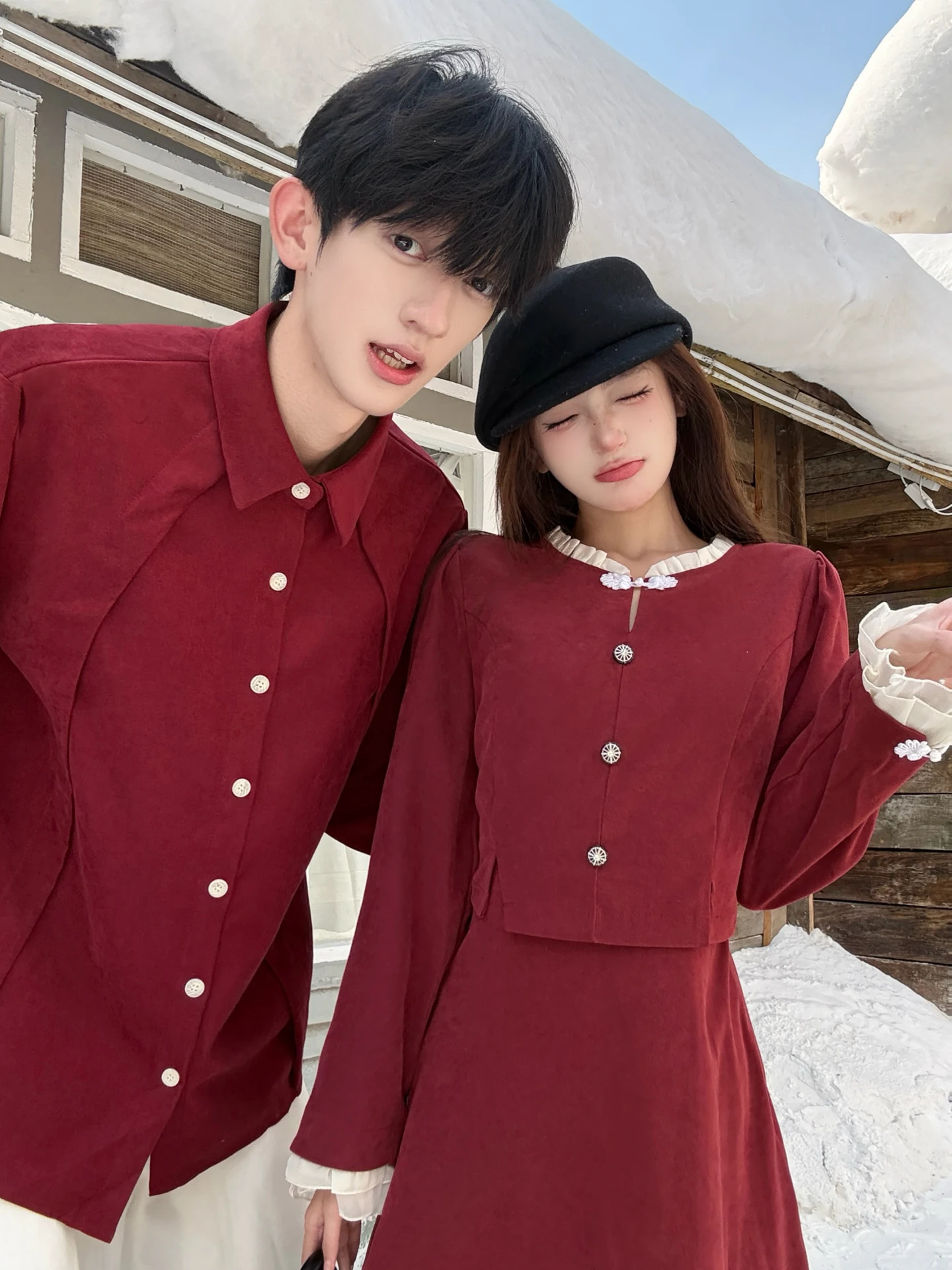 Couple's Autumn Winter Red Dress Suit Wedding Engagement Ceremony Matching Outfits Chinese Style High Sensation  Dress