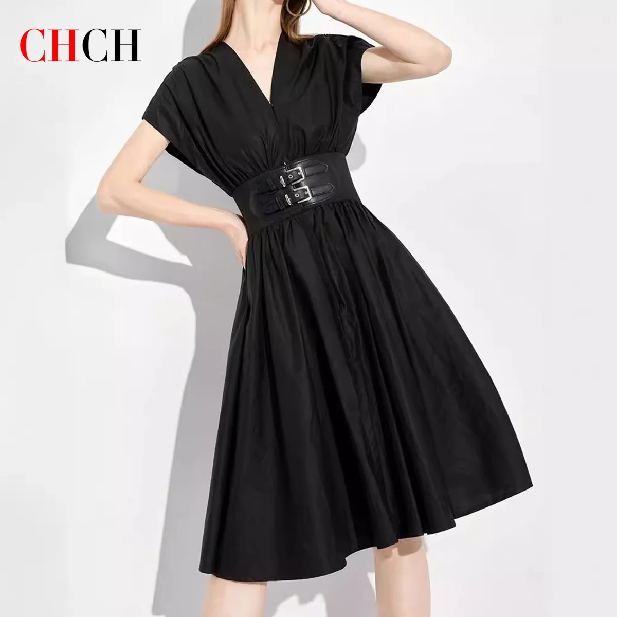 CHCH Women\'s Long Dress 2024 Summer New V-neck Sleeveless High Waist Slim Black Business Party Women\'s Wear