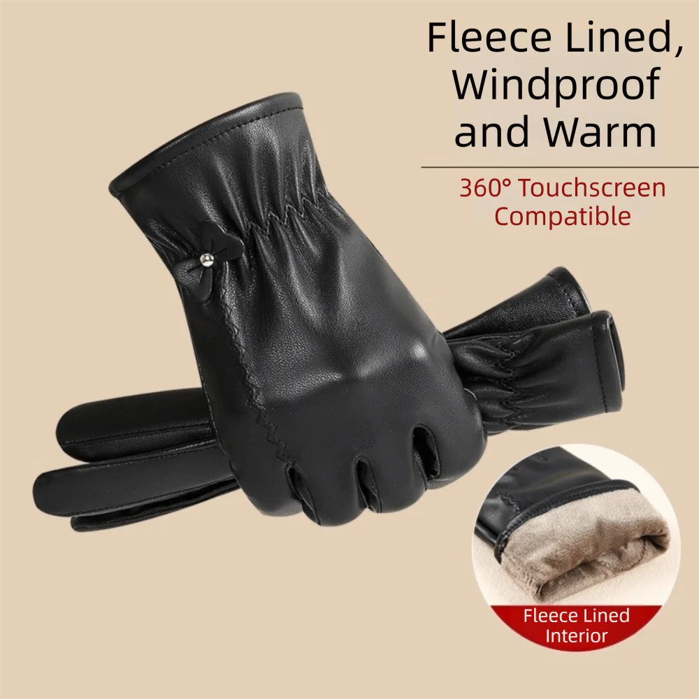 Fashion Keep Warm Leather Gloves Black Windproof Full Finger Gloves Driving Motorcycle Gloves Women