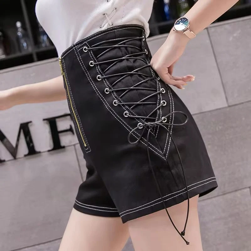 Women Punk Style Fashion Zipper Lace Up Denim Shorts Ladies Streetwear Black White High Waist Slim Fit Summer Jeans Short Female