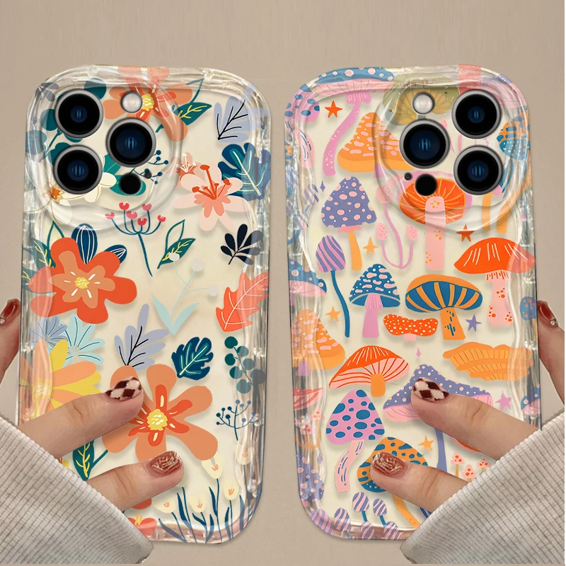 Colorful Mushroom Flower Wave Case For iPhone 16 15 14 13 12 11 Pro Max X XR XS 8 7 Plus SE 2020 Shockproof Silicone Back Cover