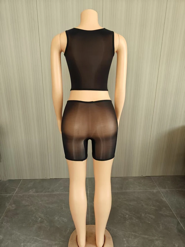Damen 2-teiliges Mesh-Outfit, ärmelloses, durchsichtiges Crop-Top + Shorts-Set, sexy, durchsichtige, ärmellose, figurbetonte Clubwear, passende Sets – Detail 10
