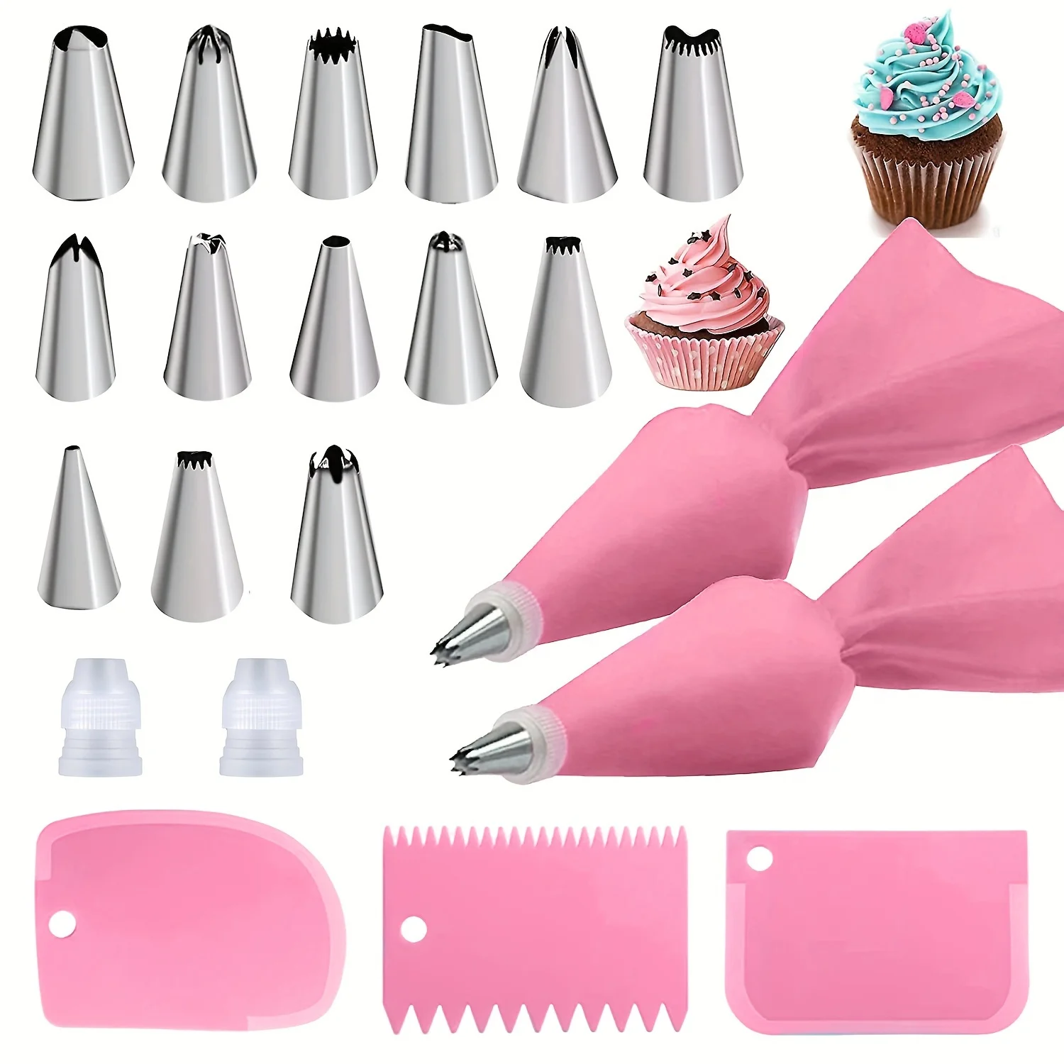 21 Pcs Stainless Steel Cake Decoration Supplies Kit Piping Bag and Tip Set with 14 Piping Tips 2 Pastry Bags 2 Couplers 3 Icing