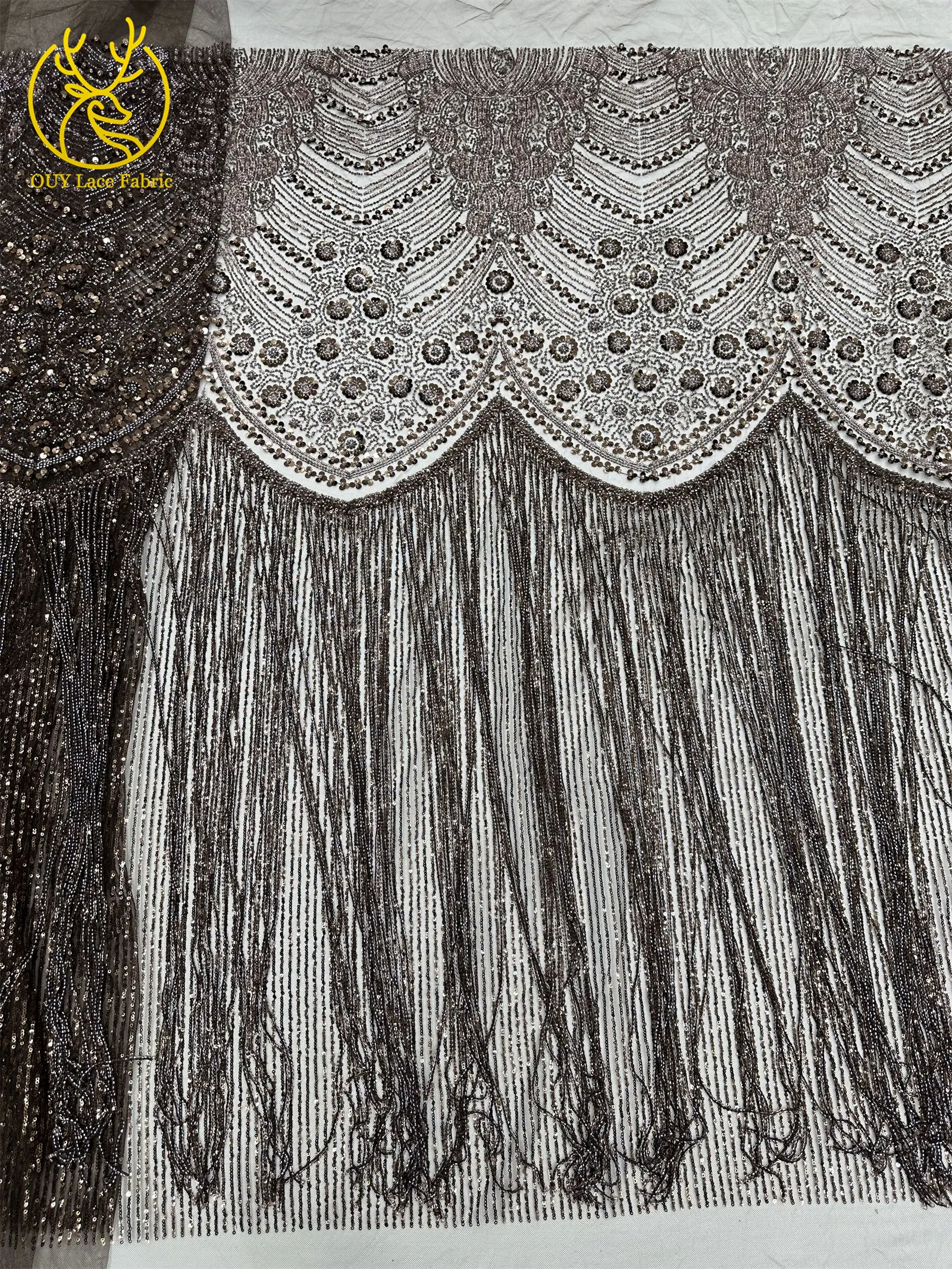 Goldener Afrikanischer Nigerianischer 3D-Perlen-Spitzenstoff 5 Yards Französischer Pailletten-Tüll Stickerei-Kleiderstoff für Damen Party Hochzeit Kleid Nähen – Detail 12