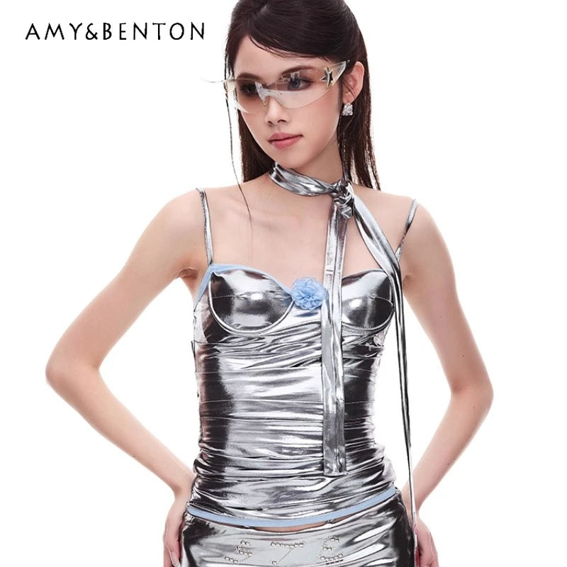 

Original Design Silver Sweet Cool Hot Girl Ruched Slimming Floral Women's Vest Summer New Sexy V-Neck Sleeveless Sling Ladies