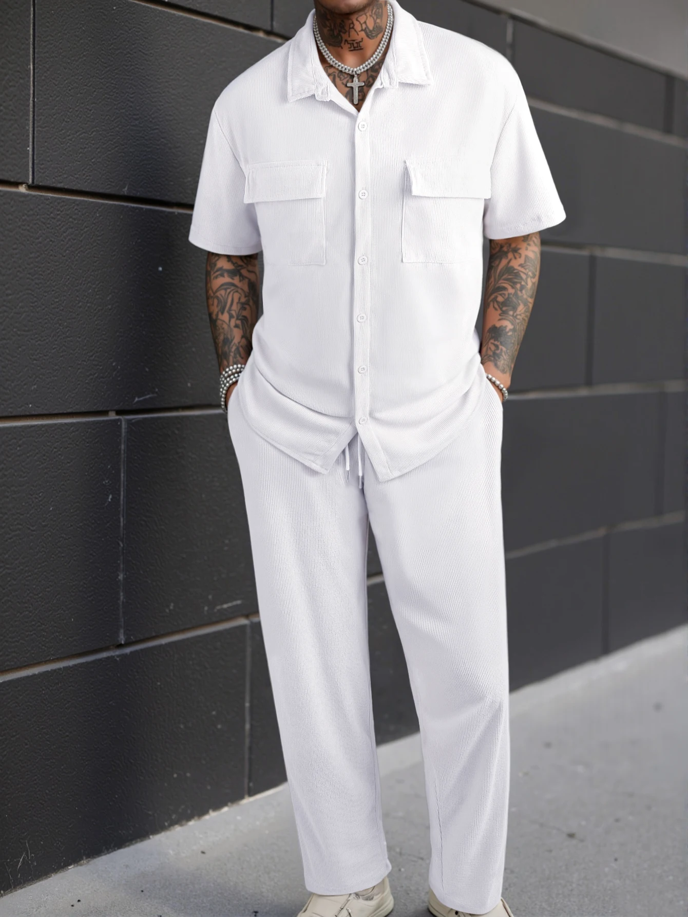 New Men's Suit-Collar Commuter Casual Shirt Fashion High-Quality Solid Color Short Sleeve Shirt+Trousers Male Two-Piece Set