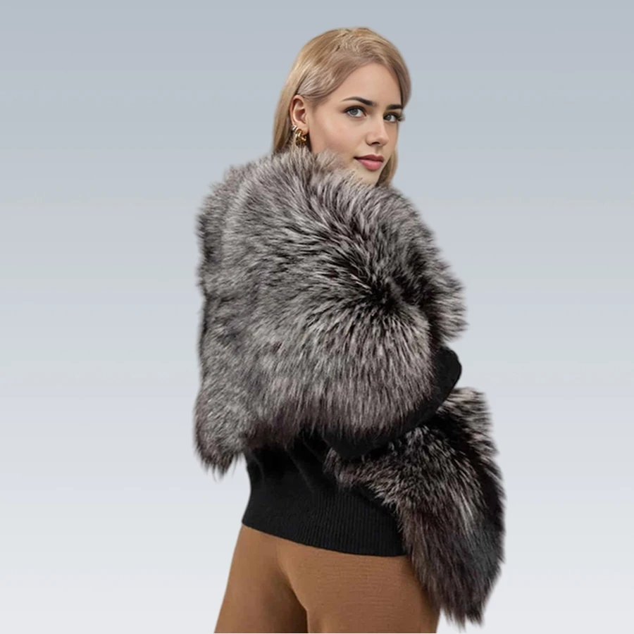 짧고 따뜻한 천연 실버 폭스 퍼 숄, 여성용 리얼 폭스 퍼 코트, 정품 퍼 케이프, 패션 럭셔리 풀 스킨 봄버 재킷