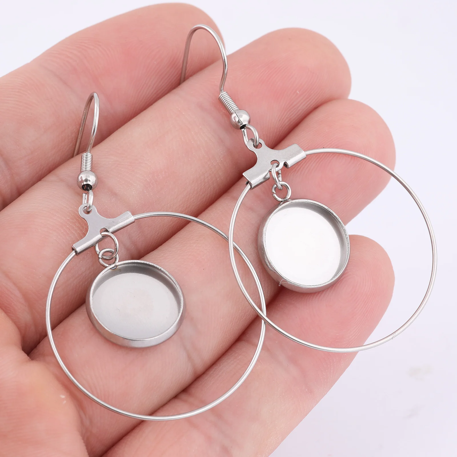 

10pcs Stainless Steel Hoop Earring Base Blanks Fit 12mm Cabochon Bezel Setting Trays Diy Hooks Findings For Jewelry Making