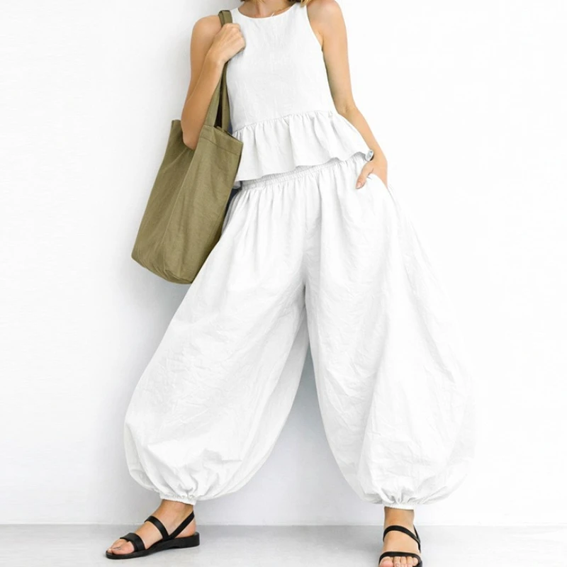 

2026 New Fashion Casual Suit Bloomers Trousers Sleeveless Pleated Top Two-piece Set Temperament Commuting