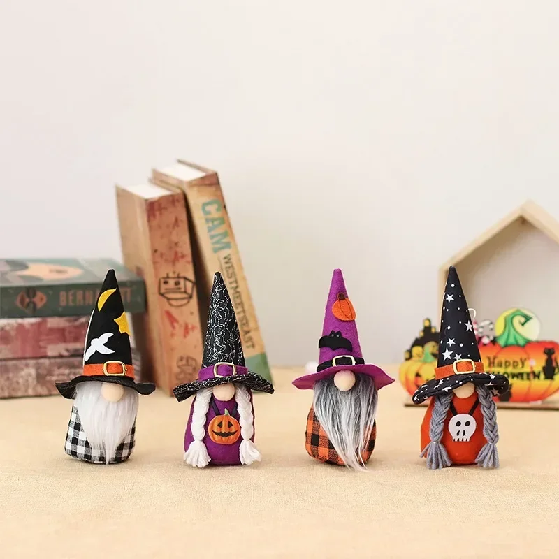 Halloween Broomstick Top Hat Witch Dwarf Gnome Doll Ornaments Cute Cartoon Dwarf Elf Home Decor Halloween Party Decor