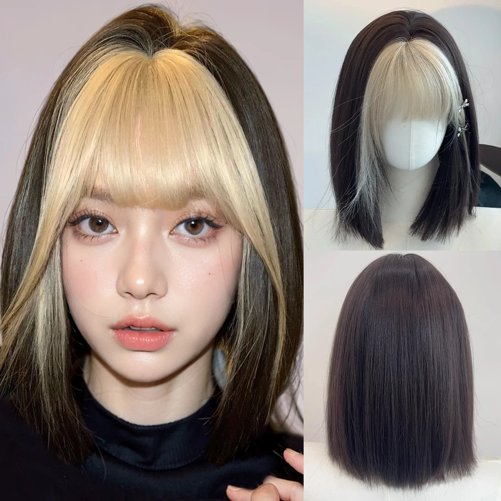 

Synthetic Short Straight Bob Black Wig With Blonde Bangs For Women Daily Cosplay Lolita Party Fluffy Fake Hair Heat Resistant