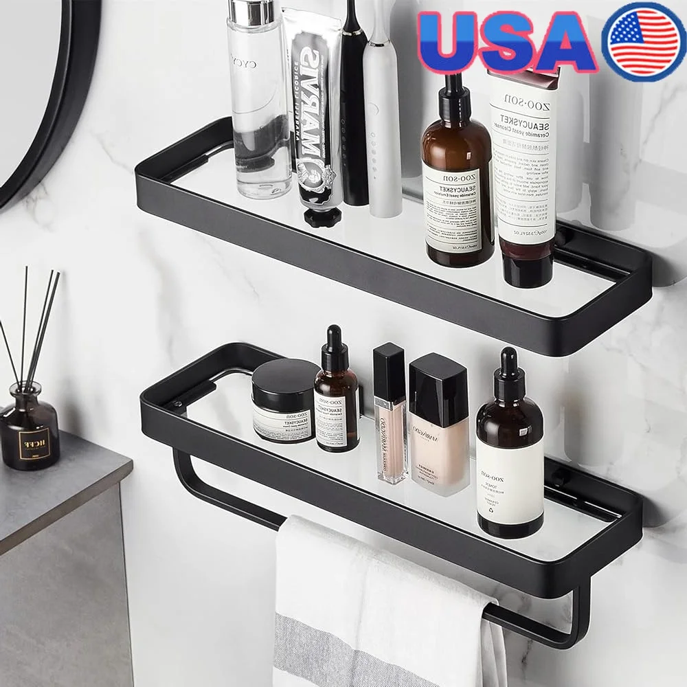 

Wall Mounted Glass Shelves Floating Bathroom Shelf 2 Tier Tempered Glass Organizer Rustproof Waterproof Space Aluminum Storage