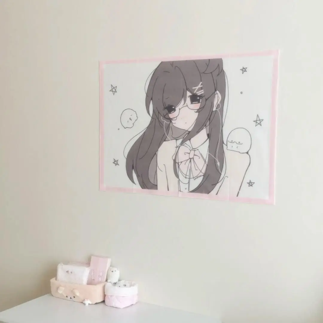 Aesthetic Kawaii Tapestry, Cute Girl With Glasses Print Wall Hanging, Wall Blanket for Dorm & Rental Room Bedside Decoration