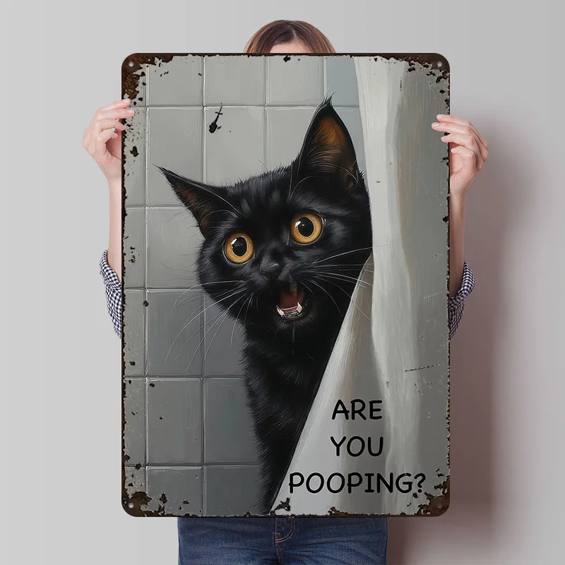Surprised Black Cat in Bathroom Toilet Printing Poster Customized Retro Wall Art Vintage Metal Signs for Mancave Office Decor