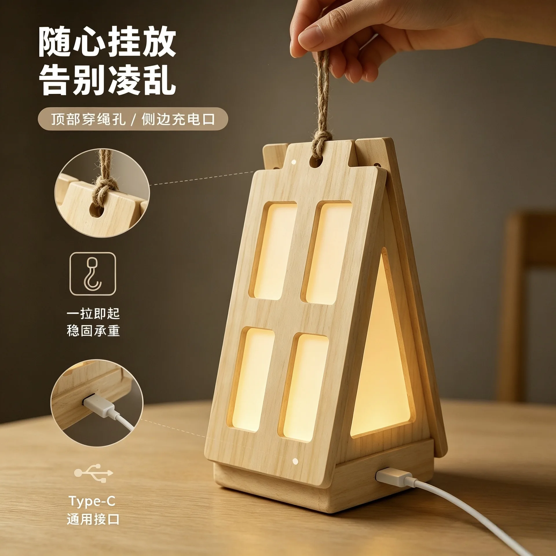 Solid Wood Portable Night Light USB Rechargeable Dimmable Bedside Lamp Warm Atmosphere Desk Lighting for Camping Bedroom Gift
