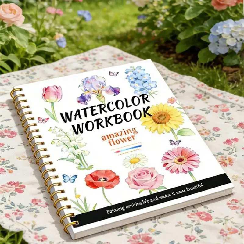 Spiral Bound Watercolor Flower Workbook Thick Paper Easy Guides For Beginners Daily Art Practice