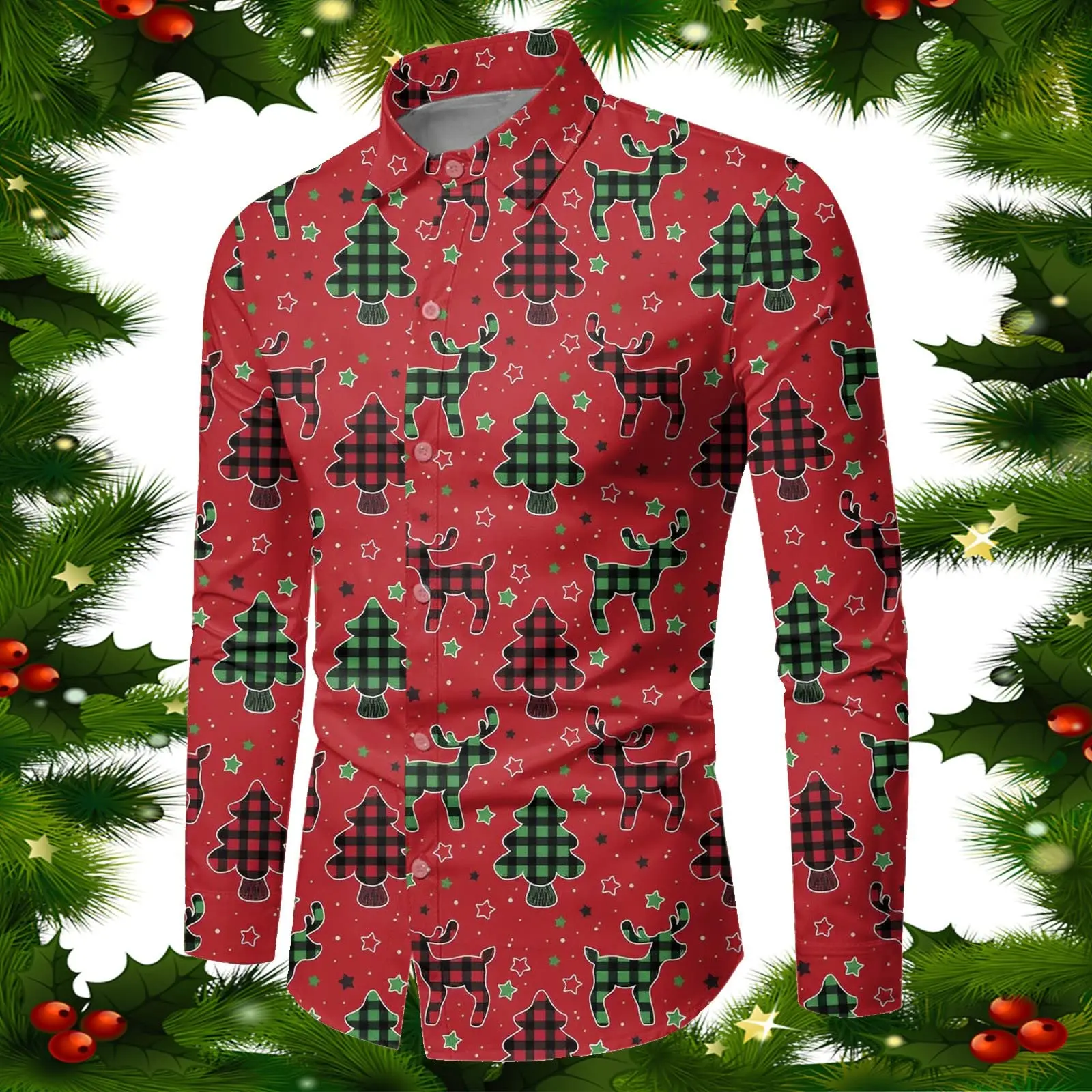 

Mens Christmas Shirt Long Sleeve Lapel Santa Claus Printed Graphic Tee Western Shirts For Men Holiday Gift Shirt Christmas Party