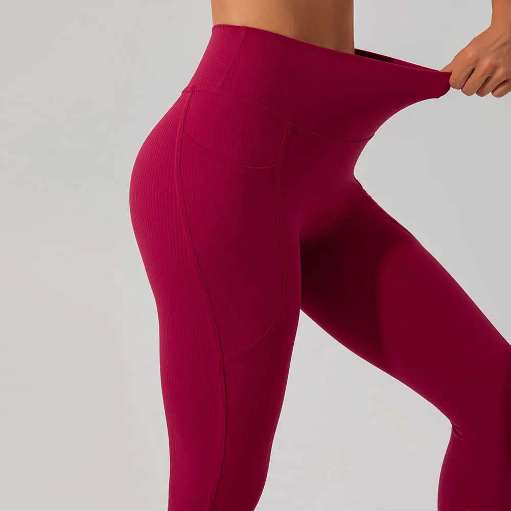 Outdoor Sports Running & Fitness Tight Yoga Pants with Side Pockets, Moisture-wicking, High-waisted & Abdomen-tightening Design