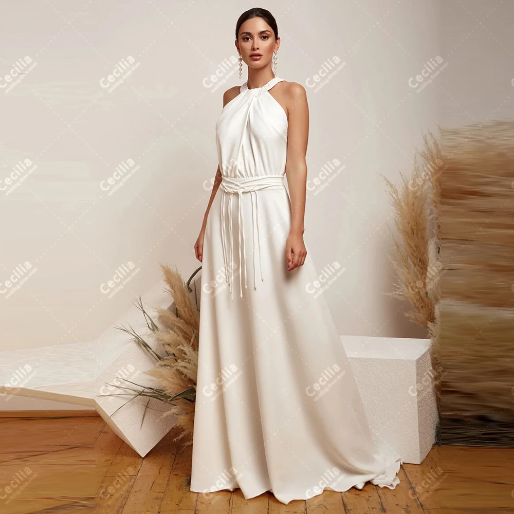 エレガントなウェディングドレス A ラインサテンブライダルドレスホルターネックローブフォーマルパーティーモダンなカスタマイズされたかわいい Vestidos デノビア