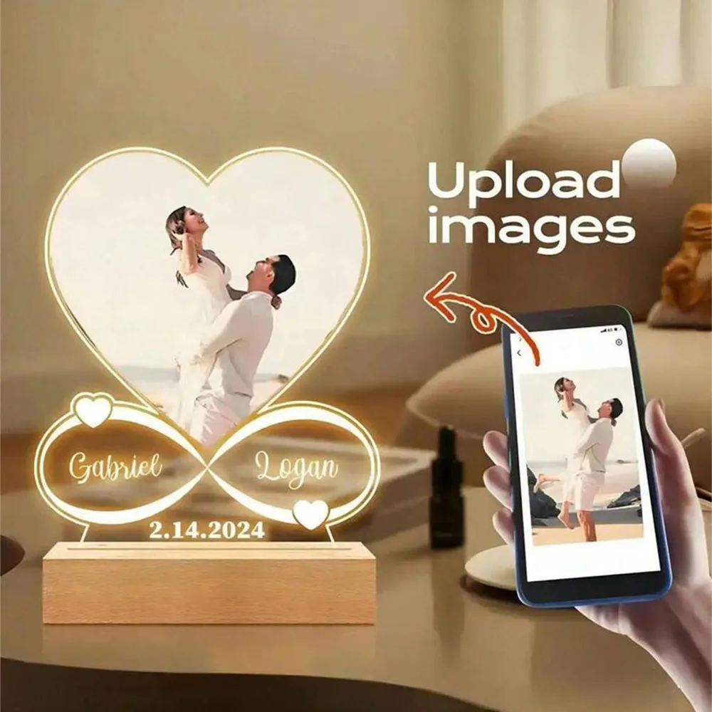 Personalized Acrylic Heart Photo Plaque with Custom Photo LED Light Infinity Symbol Anniversary Gift Special Wedding Keepsake