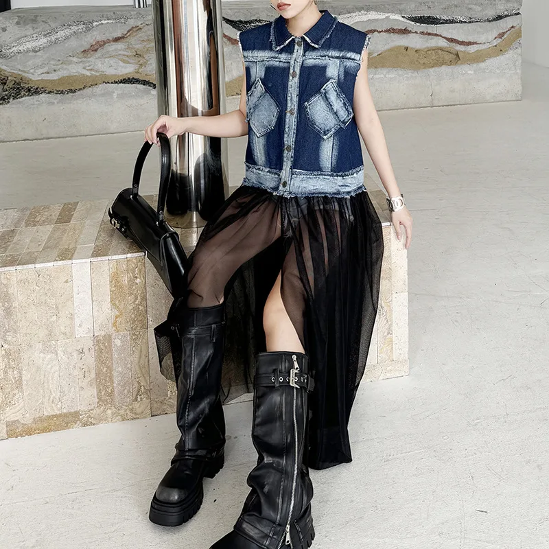 Tannt femmes robe maille épissure irrégulière longue Denim robes mosaïque décontracté noir bleu sans manches longues robes femmes 2025 nouveau