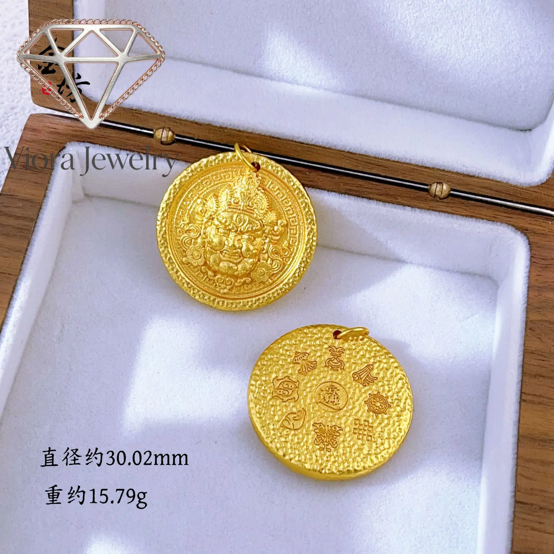 Viora Jewelry Ancient method 24K real gold hammer pattern yellow God of Wealth necklace retro 9999 gold round double-sided perso