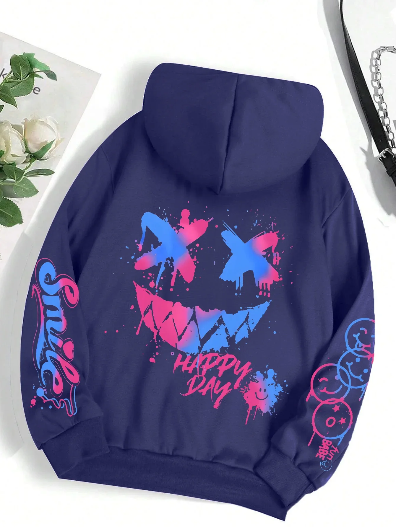 Happy Day Graffiti-Print Damen Hoodie Street Hip Hop Hoody Mode Rundhals Vielseitige Hoodies Vintage Oversize Kleidung für Frauen – Detail 21