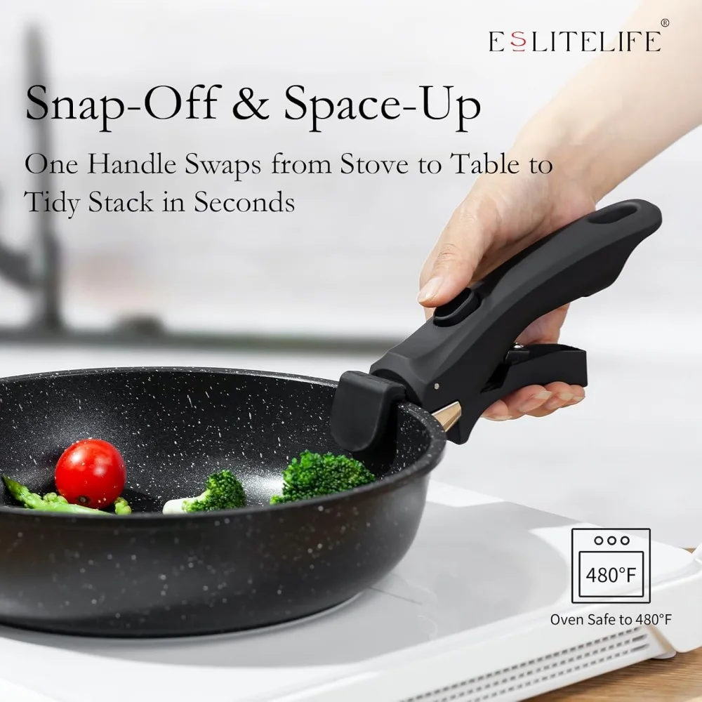 طقم مقالي سيراميك غير لاصقة مع أغطية ومقبض قابل للفصل، آمنة للبيض والعجة، مقالي مطبخ مثالية للطهي #3