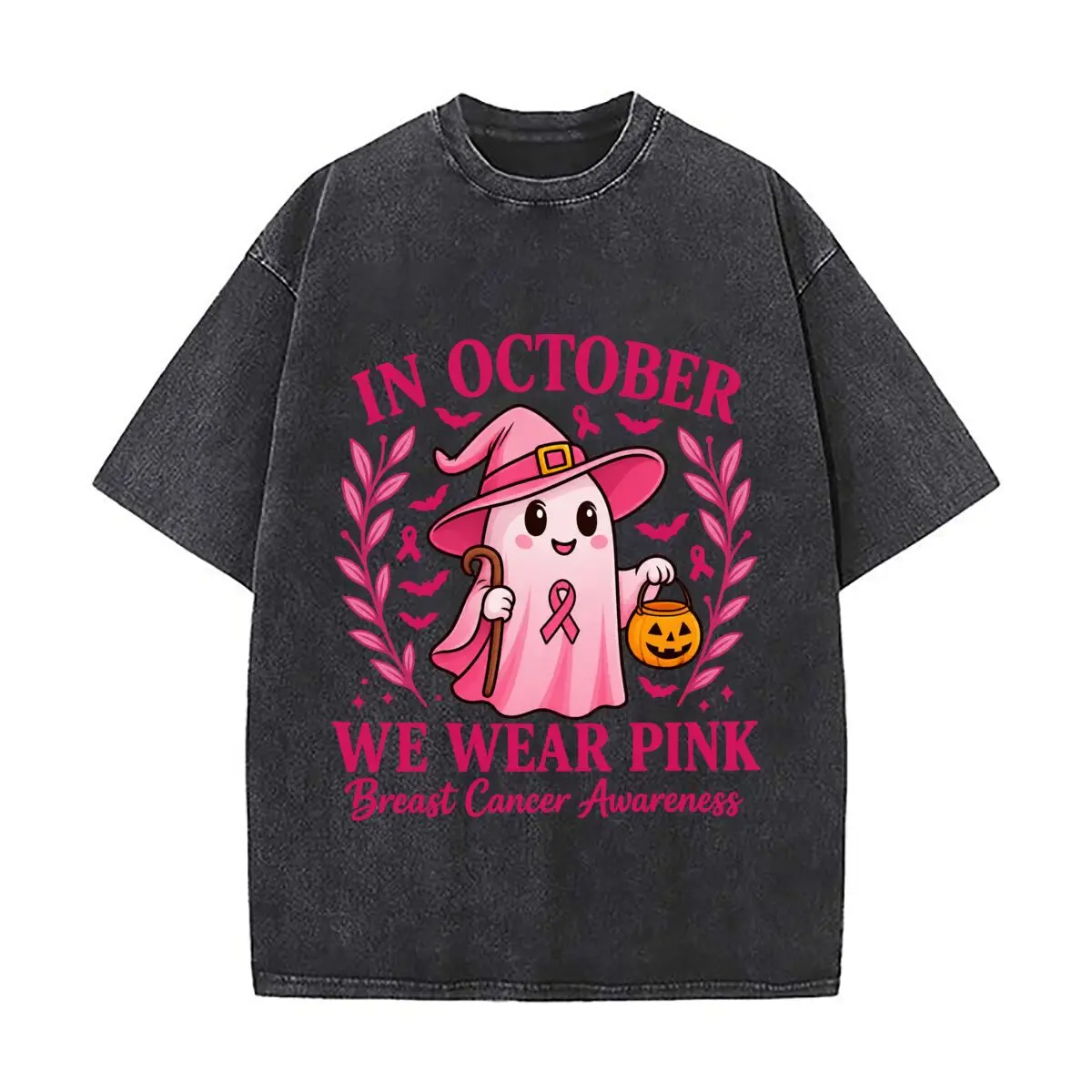 In October We Wear Pink Ghost Breast Cancer Awareness Halloween Graphic 2026 Washed Vintage Short Sleeve Loose Streetwear Tee