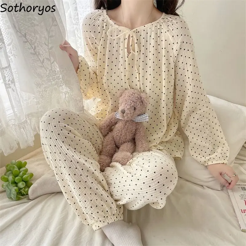 Pajama Set Women Dot Homewear Minimalist Leisure Long Sleeve Tender Popular Sweet Breathable Korean Style Female Autumn O-neck