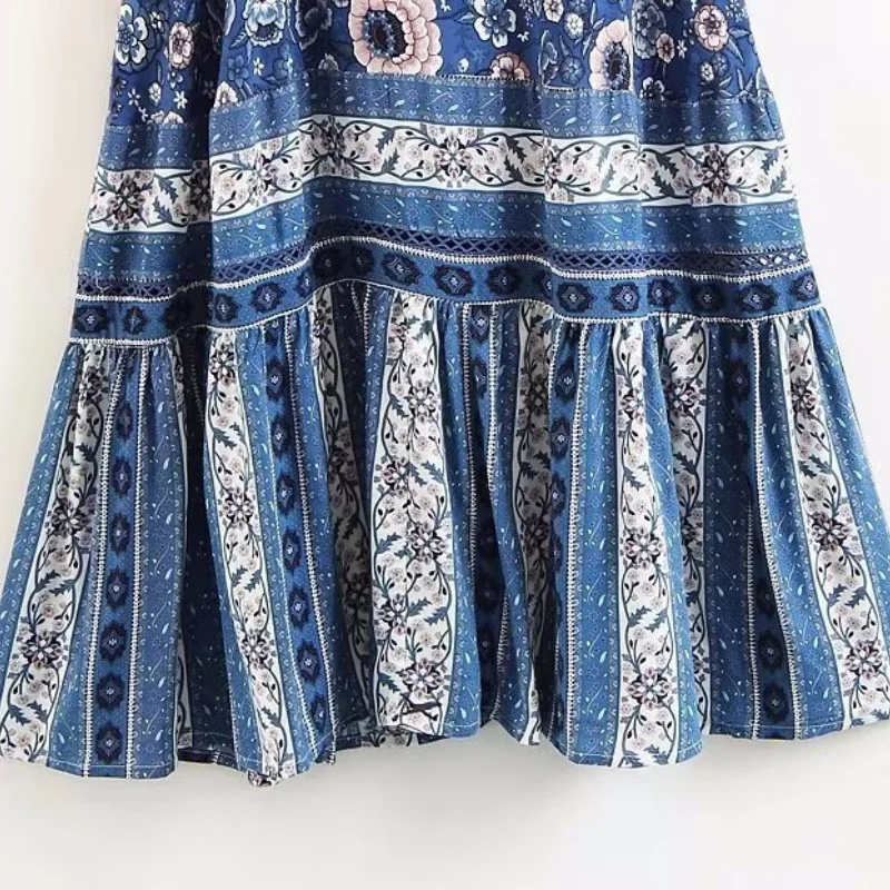 فستان نسائي صيفي قصير الأكمام للعطلات فستان كاجوال لقضاء عطلة الشاطئ فستان نسائي فضفاض مناسب بطبعة زهور فستان بوهو ميدي #5