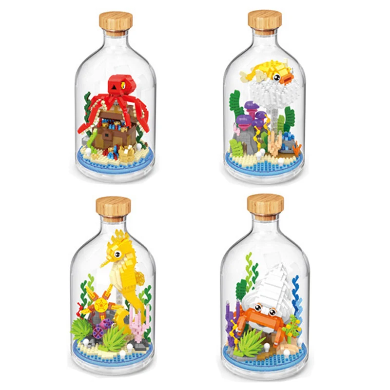 

Осьминог, рыба-фугу, гиппокамп, краб-отшельник, микро-брикеты с изображением организма в бутылке, модель-конструктор, развивающие игрушки, нанобрикеты