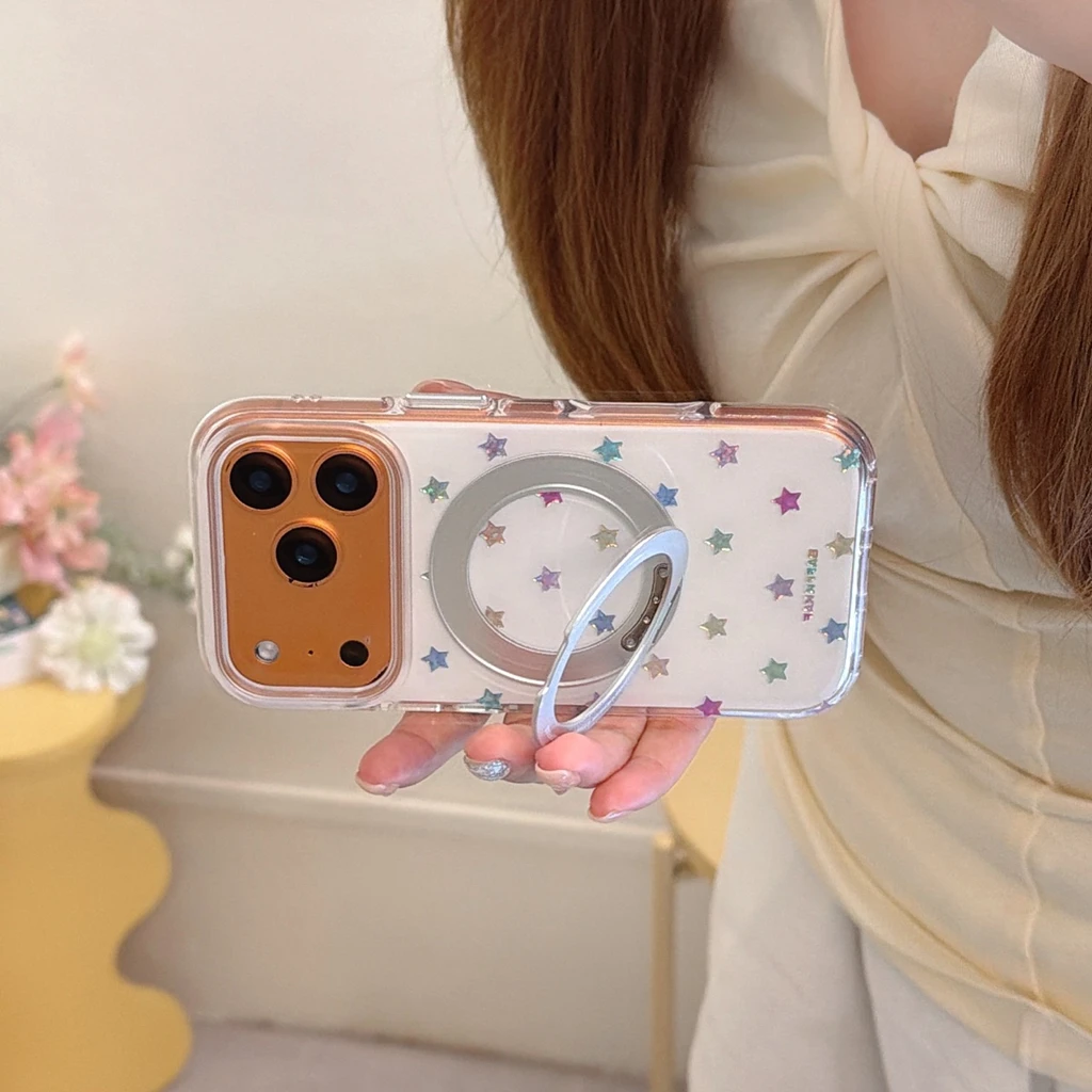 

Minimalist Colorful Gilded Stars With 360° Rotatable Foldable Stand Shock Proof Phone Cover Case for iPhone 17 16 15 Pro Max