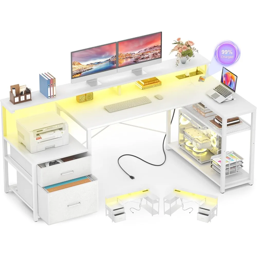 

L Shaped Desk with File Drawer, Reversible L Shaped Computer Desk Gaming Desk with Power Outlet & LED Strip, Home Offic