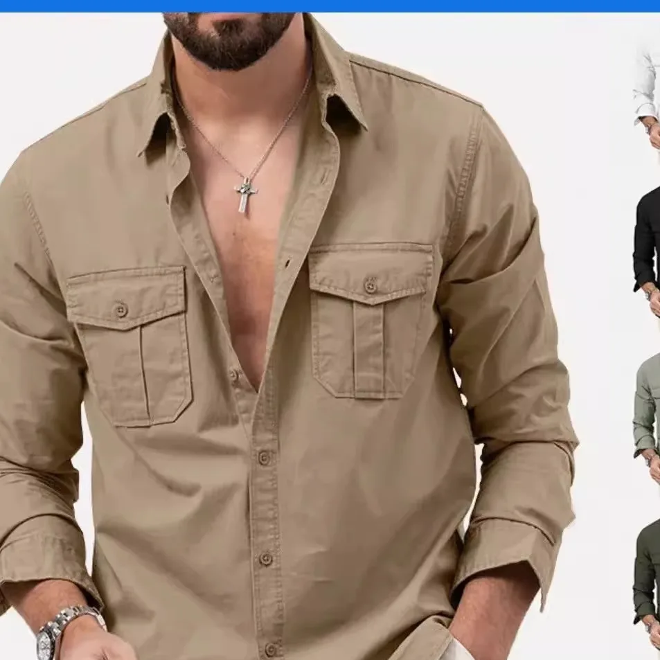 

Мужская повседневная рубашка с длинным рукавом и множеством карманов, свободного кроя, для ежедневной носки, из комфортной ткани, молодежная мода, на пуговицах.