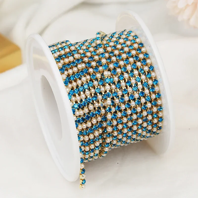 2mm Gold Pearl Rhinestone Cup Chain Ribbon Glass Dense Colorful Rhinestone Pearl Chain Trim Apparel Cup Chain For DIY Garments