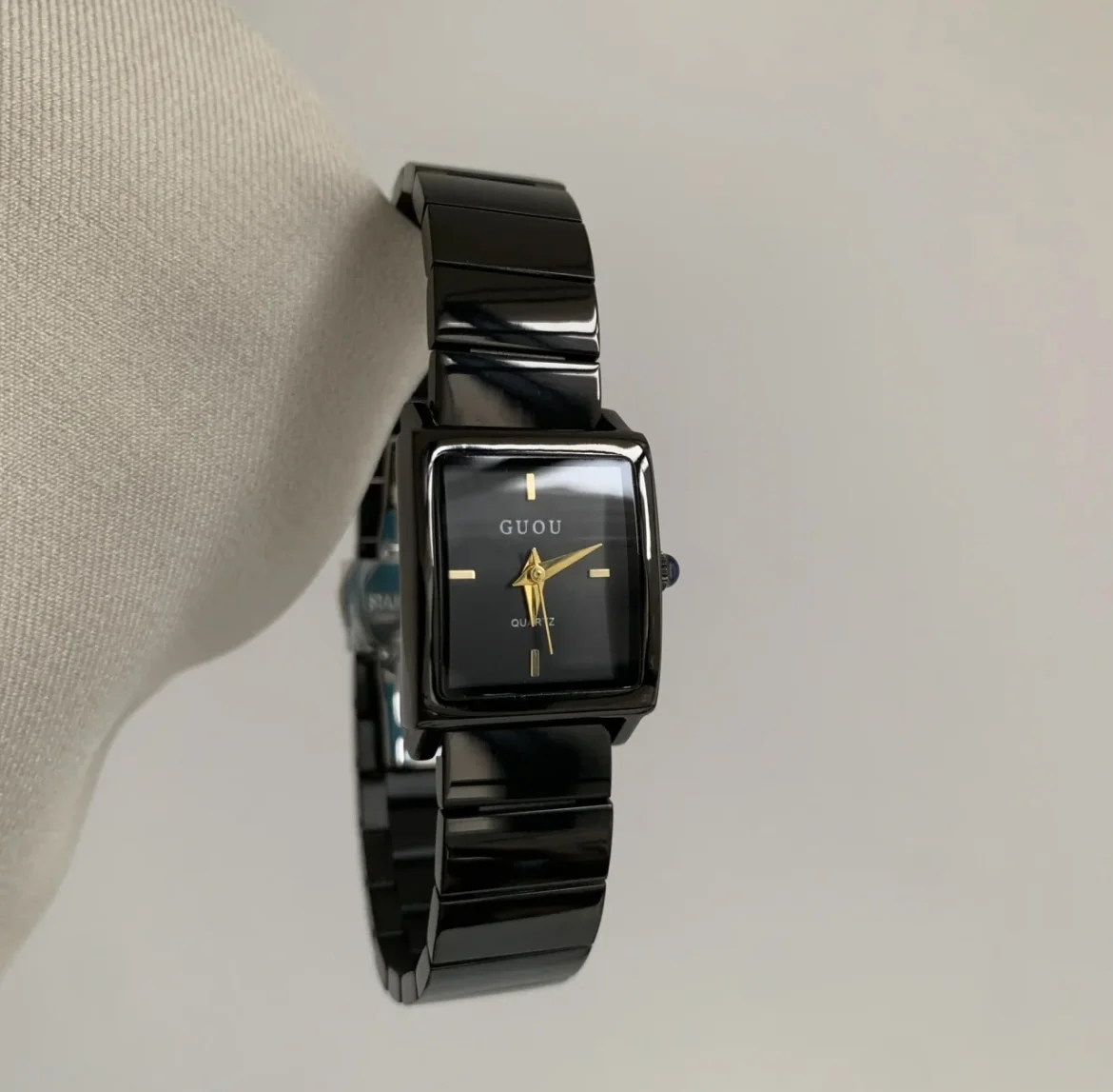 Cool and stylish square black simple and versatile steel band quartz watch. Women's designer watch. Birthday gift for women.