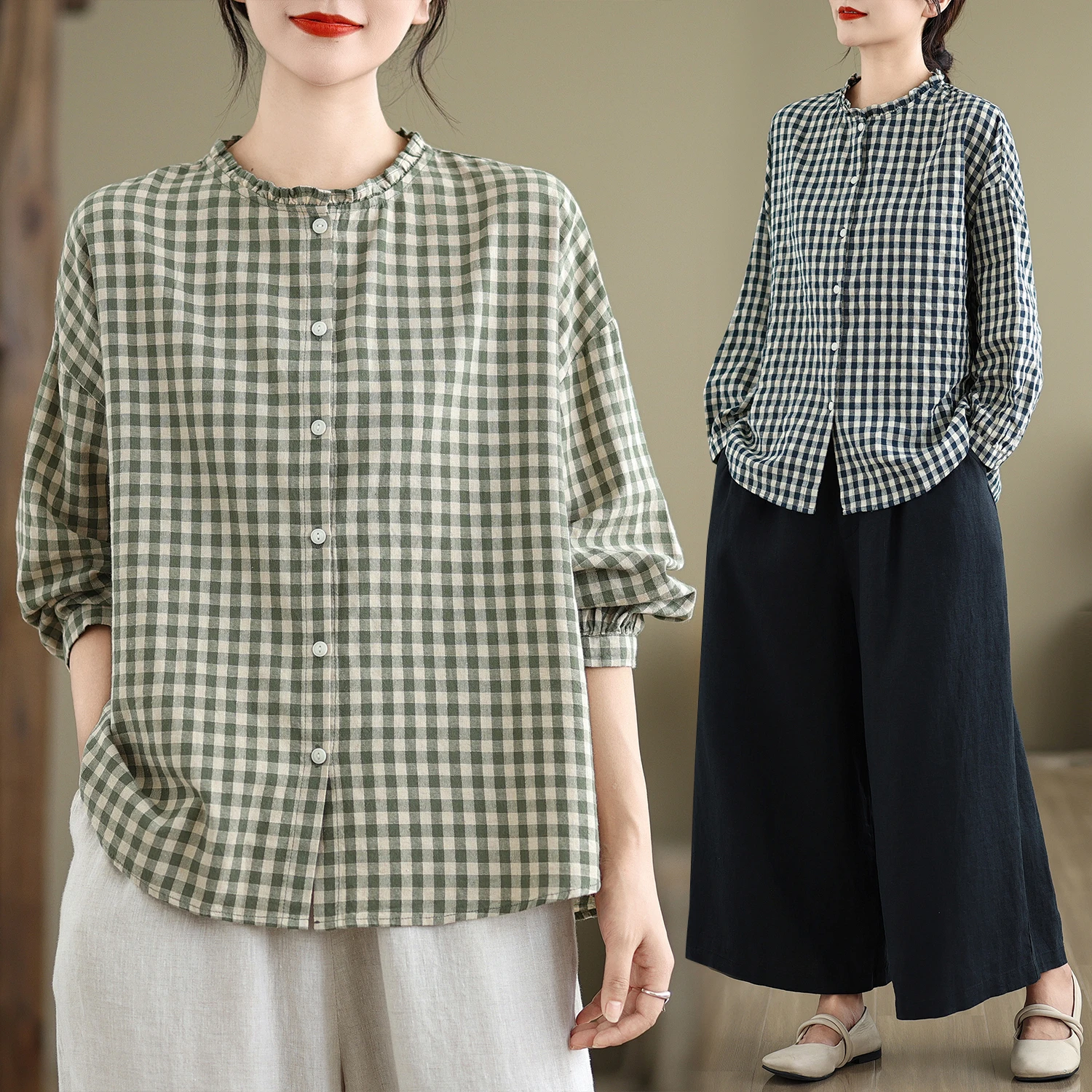 

New Sle Women's Loose Long Sve irt Floral Collar Basic Plaid Pattern All-Match Casual Faion Cotton Polyester Blend