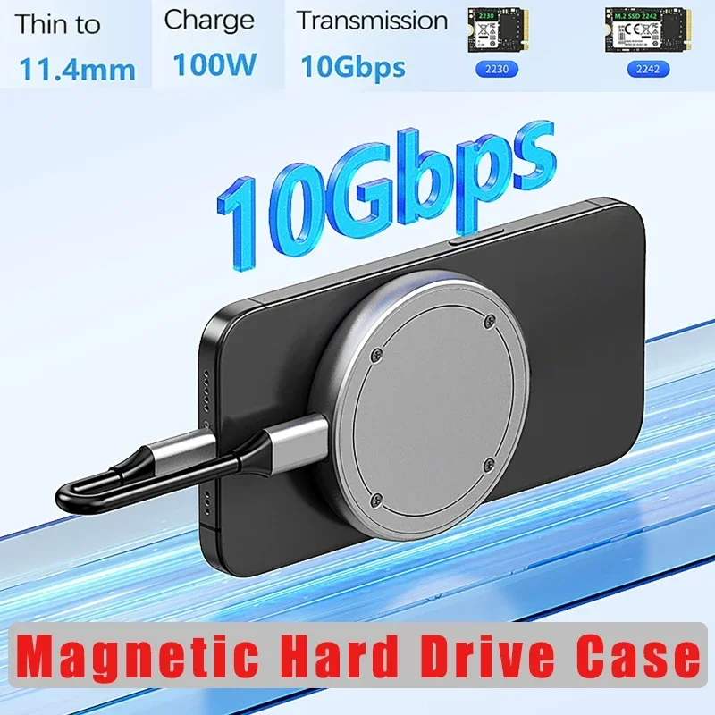 Magnetic Hard Drive Box M.2 NVMe SSD Enclosure 10Gbps USB C 3.2 Gen2 to NVMe PCI-E PD 100W Charge for iPhone15 Pro Max MacBook