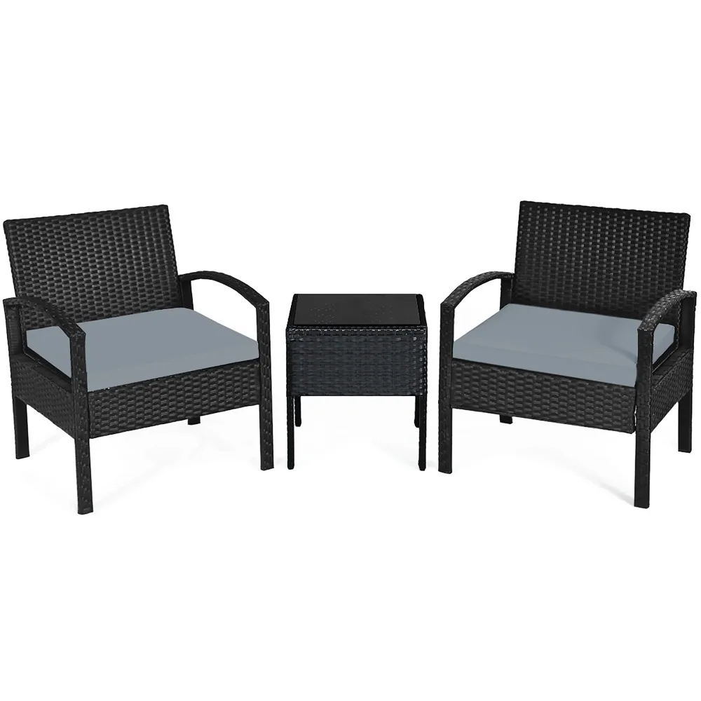 3-teiliges Terrassen-Rattan-Möbel-Set, Couchtisch, Konversationssofa, gepolstert, grau, Gartensofas
