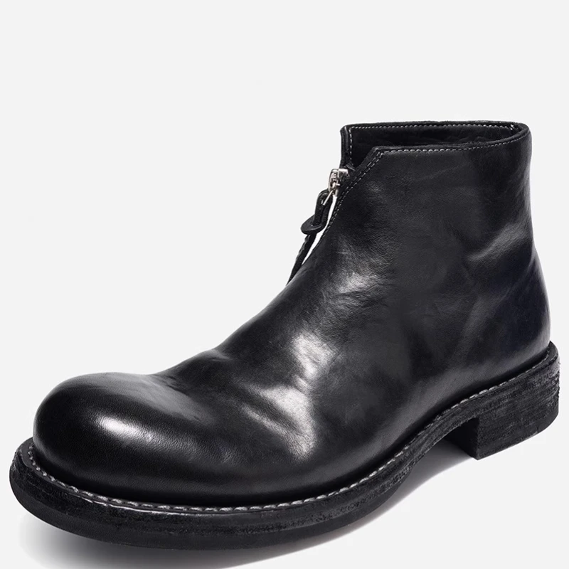 Washed Horseskin British Thick Sole Shoes for Male Autumn/Winter Horse Skin Handmade Goodyear Side Zipper High Top Leather Shoes