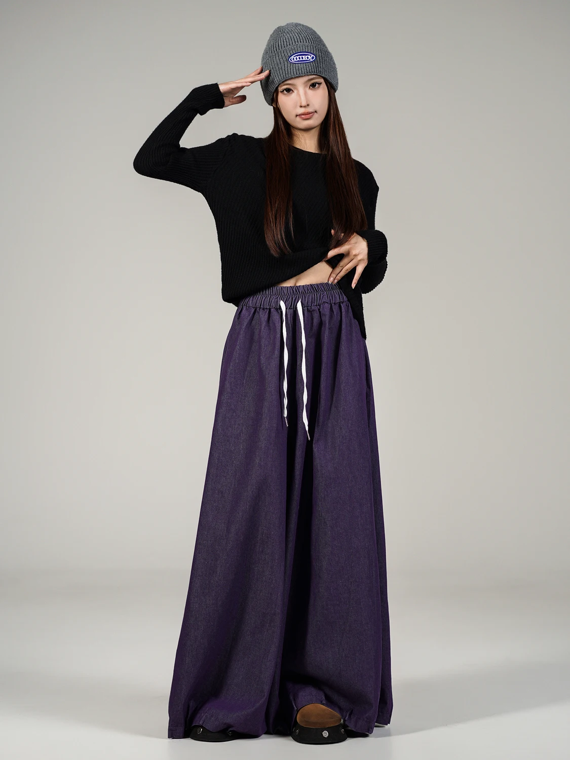 Pantalones Casuales Retro de Cintura Alta y Pierna Ancha para Mujer, Morados, Estilo Linterna, de Mezclilla, Algodón y Spandex, Cintura Elástica, Ajuste Holgado