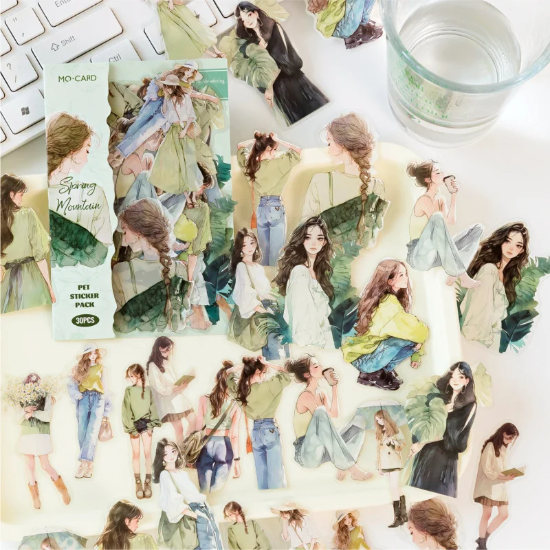 30-Sheet Cartoon Youthful Girl Character Stickers, Vivid Energetic Designs & Bright Tones, Self-Adhesive for Journal DIY