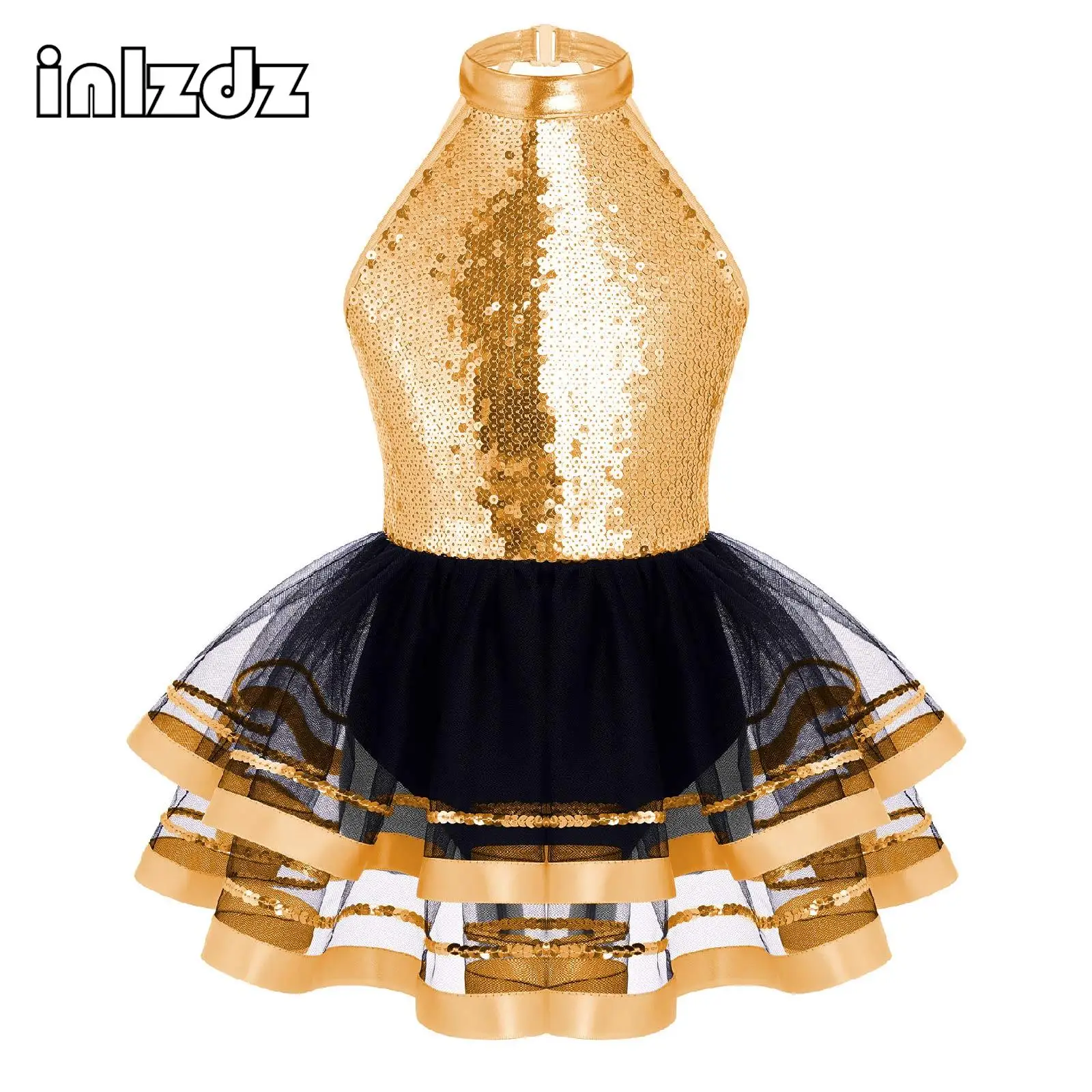 

Kids Girls Jazz Dance Dress Sleeveless Round Neckline Sparkling Sequins Decorated Straps Hollow Back Tutu Mesh Dance Party Wear