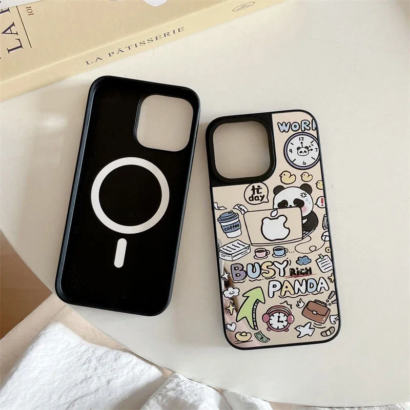 Funda de teléfono magnética con espejo de oso Panda de oficina para IPhone 11 12 13 14 15 16 Pro Max funda para IPhone 16 Pro Max