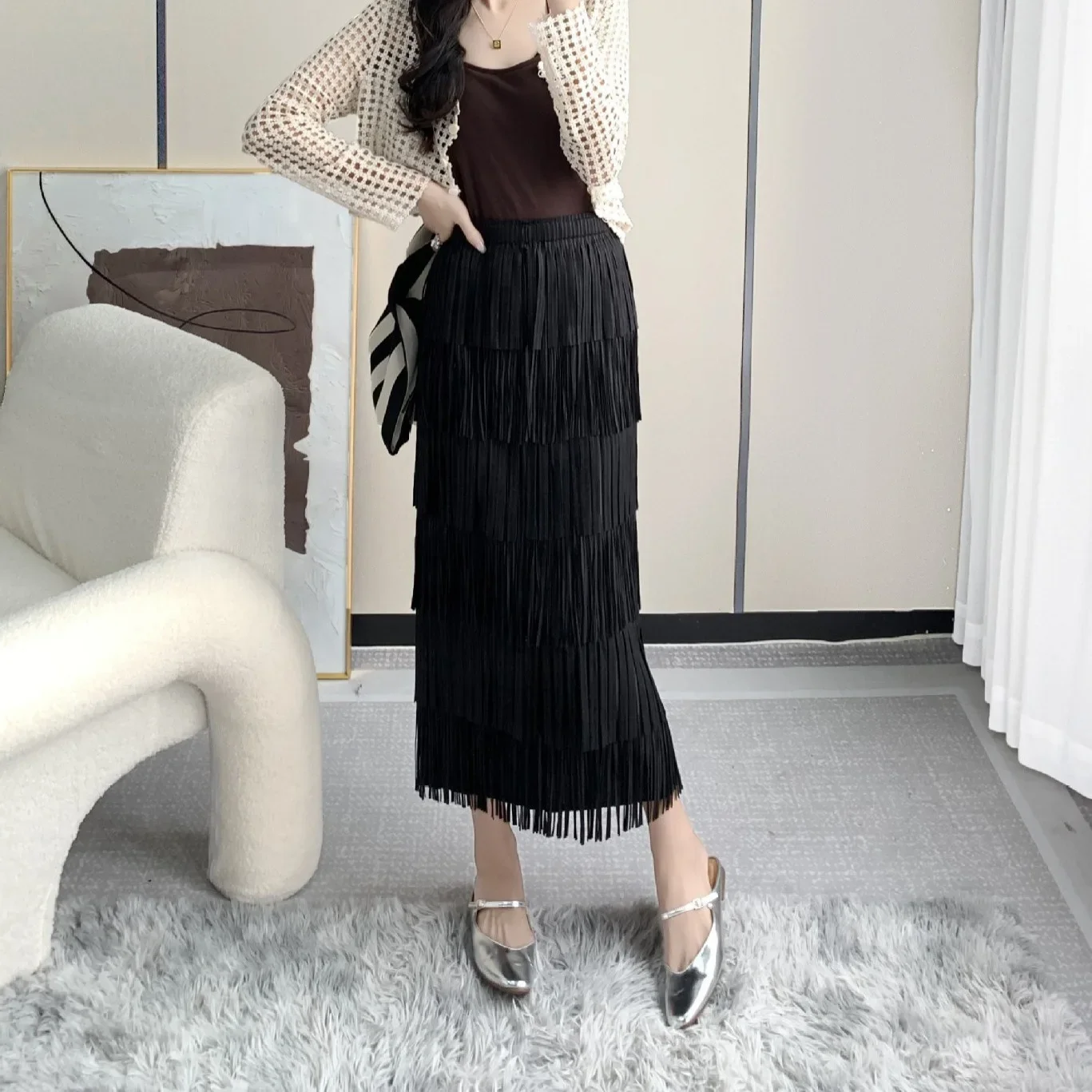 Pleats Pleated Skirt Fall New Niche Design Pleated Half Skirt Women High Waist Retro Tassel Thin Half-body Skirt Women Clothing