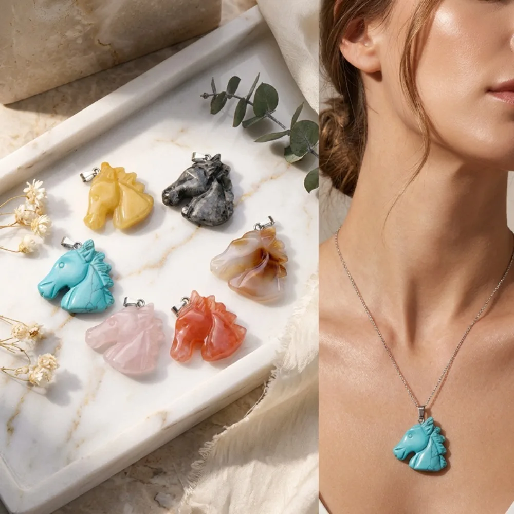 

Natural Stone Carved Horse Head Pendant, Handmade Gemstone Animal Charm for Necklace Jewelry