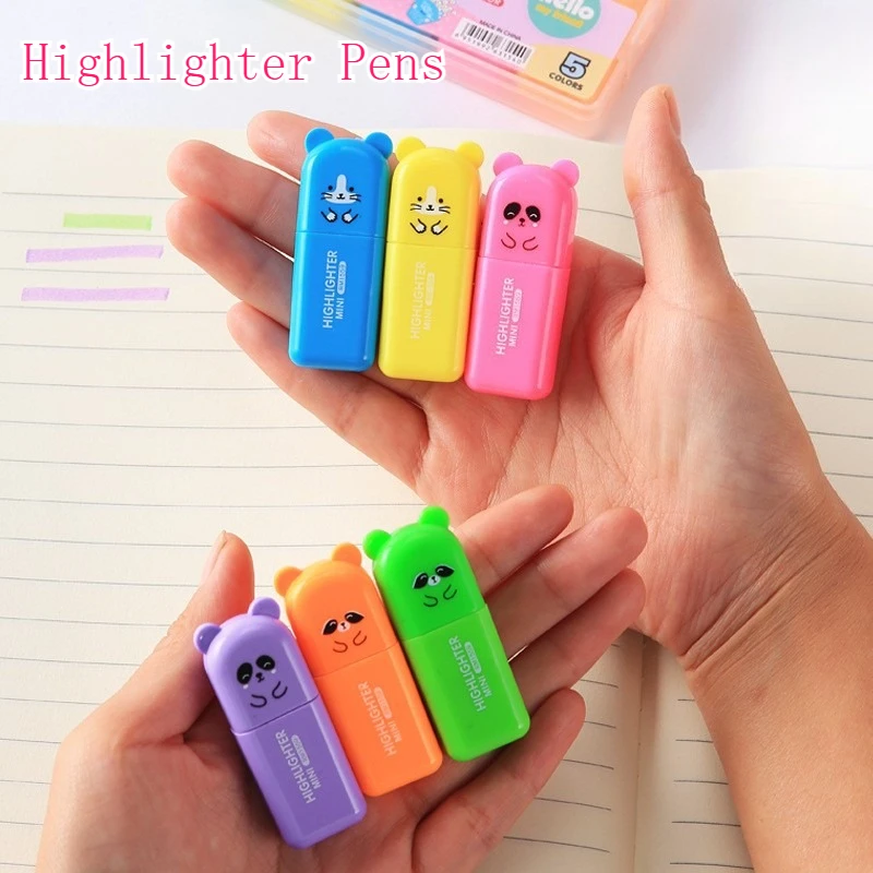 

4/5/6 Colors Kawaii Highlighter Pens Quick-Drying Cute Bear Oblique Pen Tip For Study Note Office Stationery School Supplies.