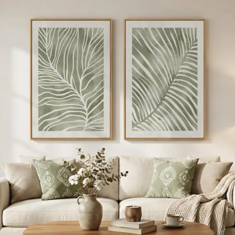 

Набор из 2 картин в рамах: зеленые абстрактные ботанические мотивы, тропические растения, холщовые принты для гостиной, спальни, кухни, декор стен